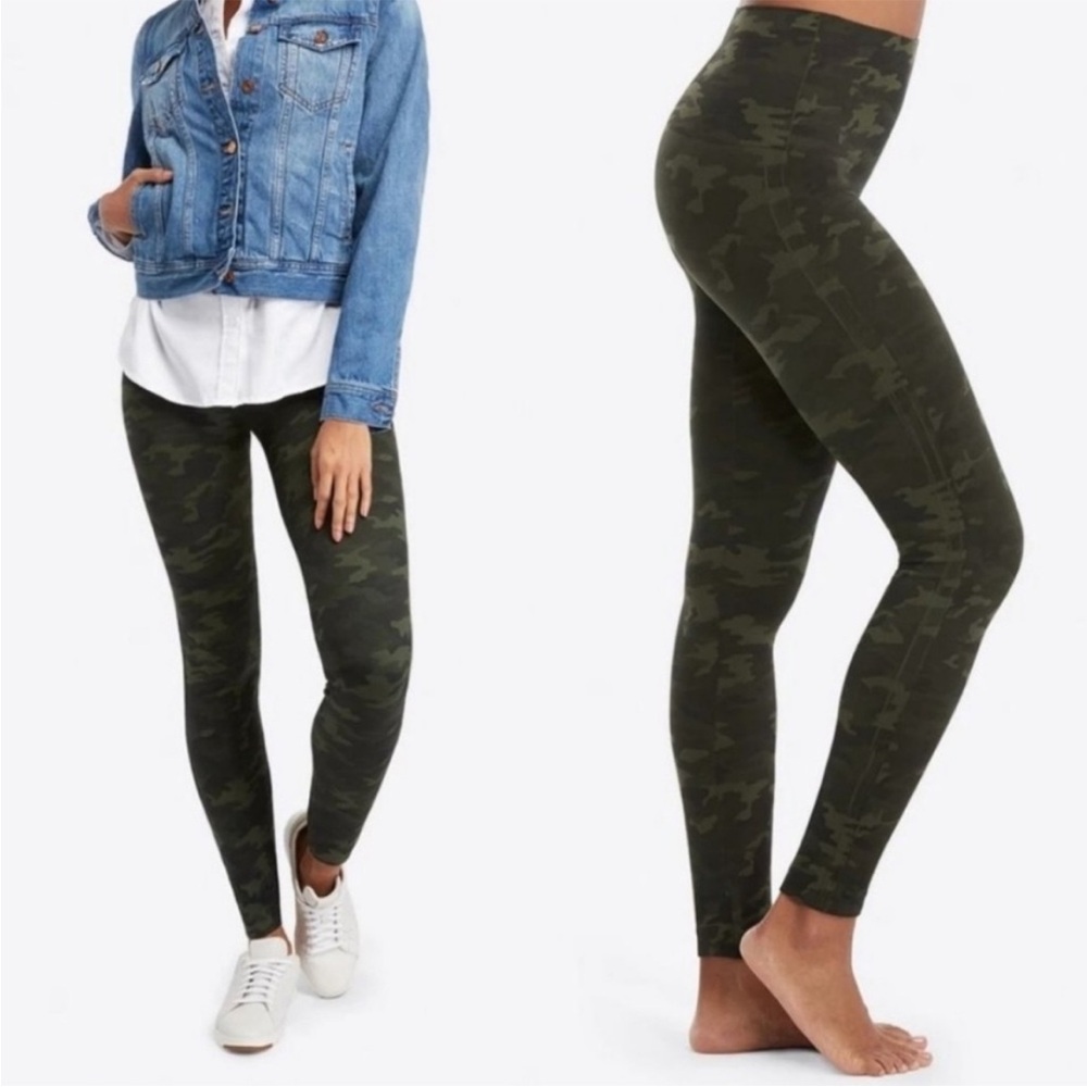 Spanx Look At Me Now Green Camo Leggings Flattering Smoothing Womens small‎